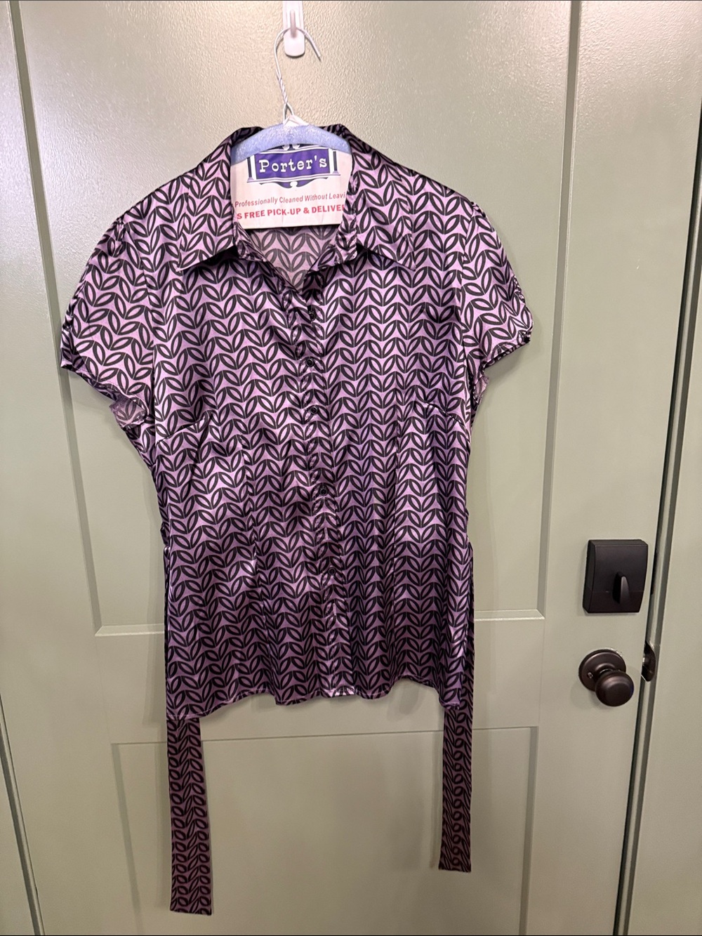 dressbarn Purple Leaf-Print Button Down Top